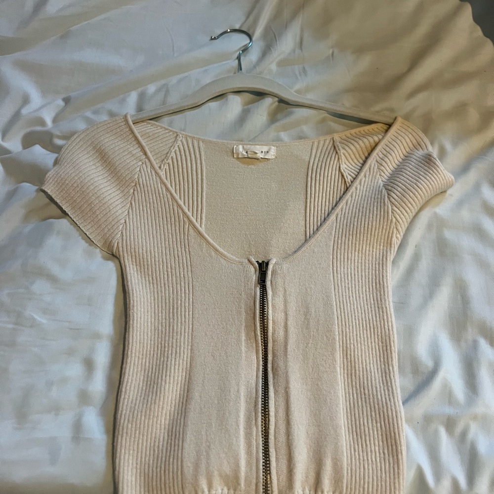 La Hearts Beige Short Sleeve Zip-Up Top